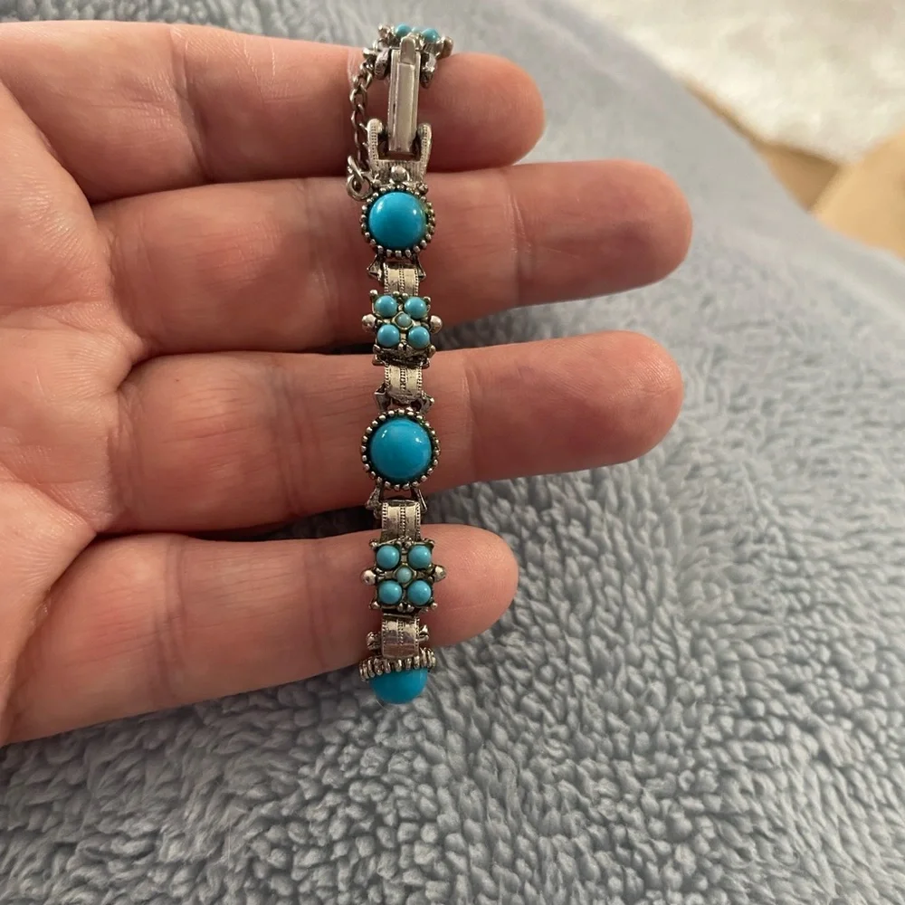 Vintage Mid-Century Silvertone Turquoise Floral Link Bracelet with Safety Chain